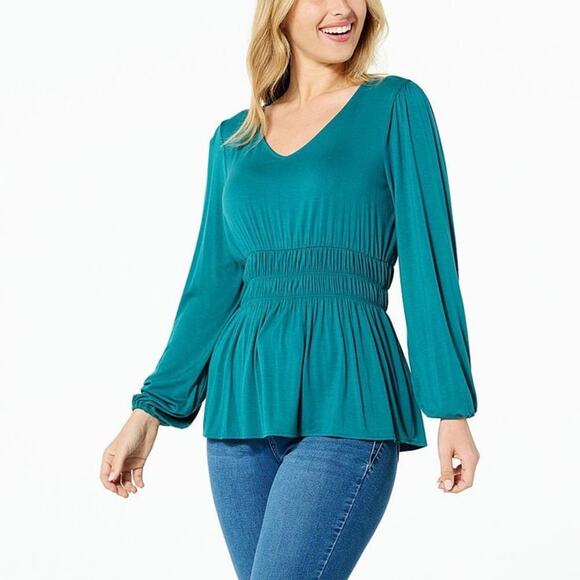 NWT IMAN Peplum Top Womens XS Blue V-Neck Smocked Balloon Sleeve Lightweight - Picture 1 of 6